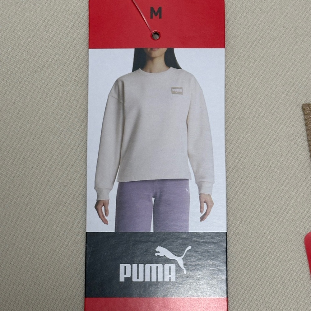 Women's PUMA Medium 8 10 Cream Fleece Sweatshirt Logo Crew Pullover Long Sleeve - Picture 8 of 12